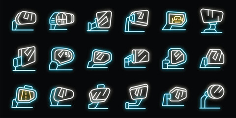 Poster - Glowing neon icons of side view mirrors illuminate the night, showcasing various designs and features for enhanced visibility and automotive aesthetics