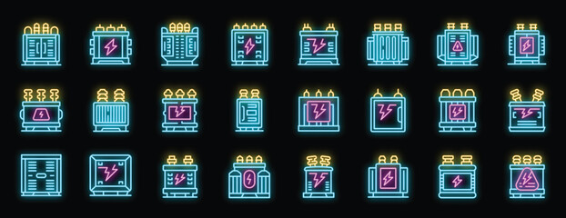 Poster - Glowing neon transformer icons represent electrical power distribution equipment, illuminating the concept of energy conversion and supply