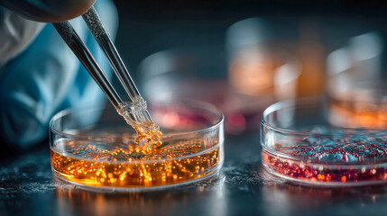 Poster - Close-up of a scientist using a precision tool to interact with a glowing pink substance in a petri dish under lab lighting