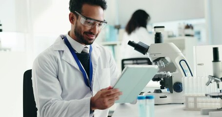 Poster - man, scientist and typing on tablet in lab for research, medical study and online results. male pers