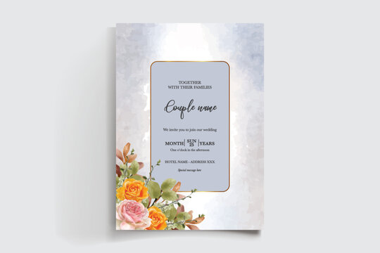 WEDDING INVITATION FRAME WITH FLOWER DECORATIONS AND FRESH LEAVES