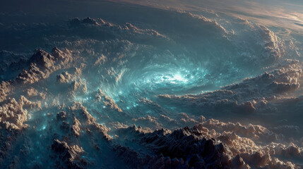 Poster - An expansive cosmic vortex of swirling clouds and stars, glowing in blue and white hues across a surreal sky