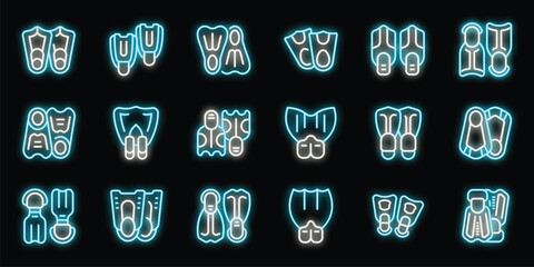 Poster - Diving flippers glowing neon icons set, collection of bright luminous symbols, isolated vector illustrations