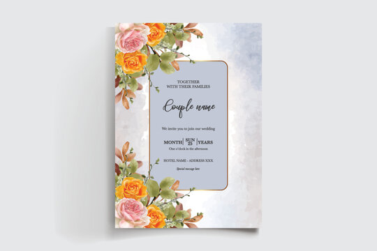 WEDDING INVITATION FRAME WITH FLOWER DECORATIONS AND FRESH LEAVES