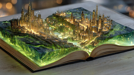 Poster - A glowing miniature futuristic city emerges from the pages of an open book, lit with green and gold light