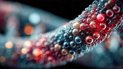 Poster - Hyper-realistic rendering of a DNA helix in red, orange, and gray particle form, illustrating molecular complexity