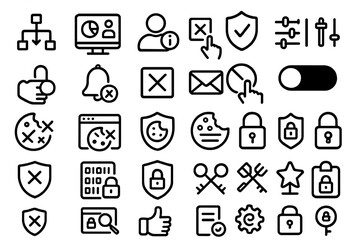 Poster - Collection of minimalistic icons representing cybersecurity and user interface concepts in black and white design