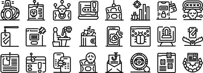 Poster - Bait hacking icons set. Various cyber security threats, phishing scams, and online vulnerabilities endangering user data and privacy