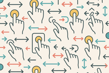 Poster - Graphic design featuring hands interacting with buttons and arrows showcasing various directions and movements in a colorful layout