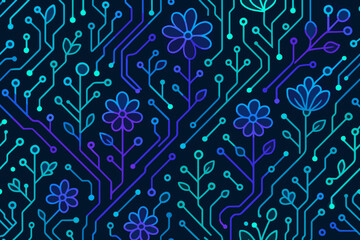 Poster - Colorful abstract design blending floral patterns with technological circuit motifs on a dark background