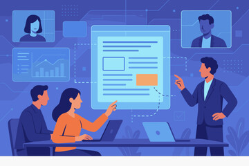 Poster - Adults engaged in a digital meeting discussing data analysis and project updates in a modern office environment at night