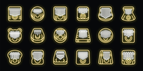 Poster - Neon kalimba icons set, performing on a thumb piano, musical instrument icons collection