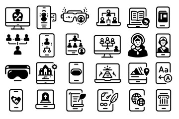 Poster - Various icons representing technology, education, and online communication in a modern digital workspace setting