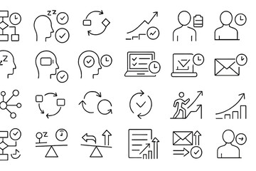 Poster - Icons representing productivity, time management, and workflow processes in a modern office setting