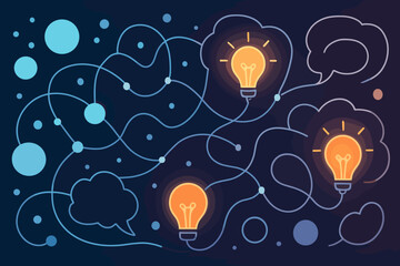 Poster - Conceptual design of connected ideas represented by light bulbs and abstract shapes on a dark background
