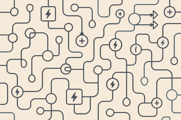 Poster - Design of interconnected circuits with various symbols on a light background