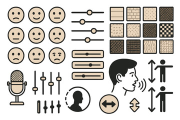 Poster - Icons representing emotions, adjustments, and sound in a creative design layout for digital or print media