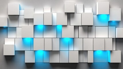 Poster - Abstract geometric pattern of white cubes with blue highlights.