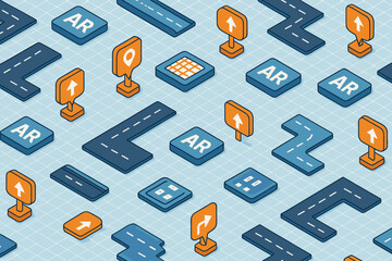 Poster - Digital road signs and paths represented in a vibrant isometric design focusing on augmented reality concepts