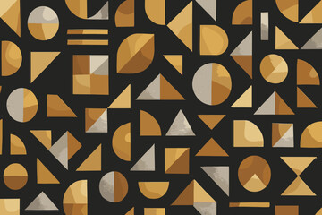 Poster - Geometric patterns in gold and silver tones create a modern design on a dark background, showcasing a blend of shapes and textures