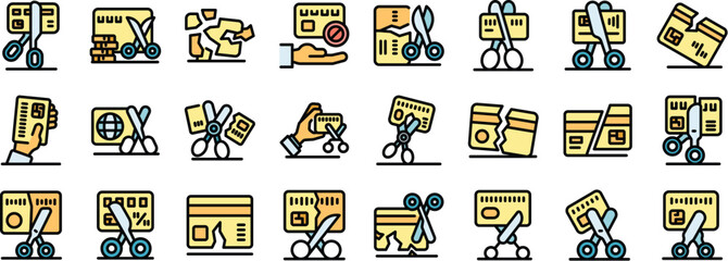 Poster - Various icons depicting scissors cutting credit cards, symbolizing actions like closing bank accounts, canceling credit cards, or cutting off expenses