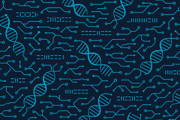 Poster - Modern technology and biology intertwine in a digital pattern showcasing DNA and circuit designs