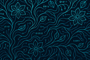 Poster - Artistic digital pattern combining nature and technology featuring floral designs and binary code