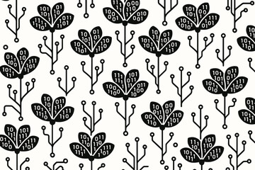 Fototapete - Pattern of abstract flowers featuring binary code in a repeated design on a white background