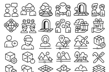 Poster - Exploring digital interaction concepts through minimal icons showcasing discussions, collaboration, and virtual experiences