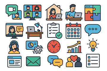 Poster - Digital communication tools and activities for remote work and online collaboration among individuals in various roles