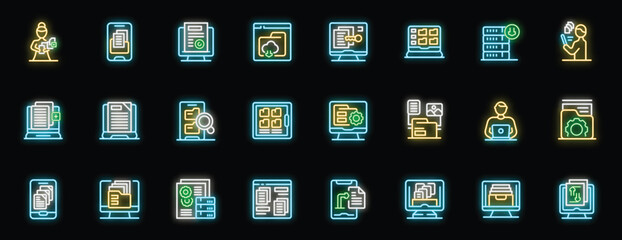 Poster - Glowing neon icons illustrate concepts of document management, cloud storage, file organization, and data processing