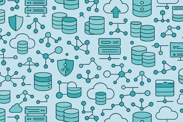 Poster - Abstract design featuring database symbols and cloud computing elements on a light blue background