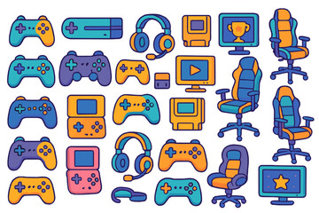 Fototapete - Collection of gaming equipment and accessories featuring controllers, chairs, and screens in vibrant colors