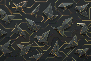 Poster - Creative arrangement of black origami shapes on a circuit-inspired background with glowing accents in a modern design
