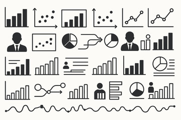 Poster - Collection of data visualizations including graphs and charts for business analysis and presentations in a minimalistic style