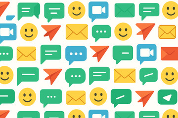 Poster - Colorful digital communication icons representing messaging, video calls, and emotions on a light background