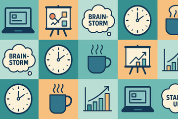 Poster - Visual collage of brainstorming and planning concepts featuring clocks, graphs, and coffee cups in an office setting