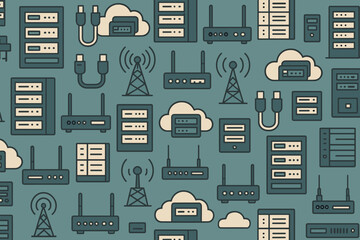 Poster - Patterns of technology with servers, routers, and clouds in a digital design environment