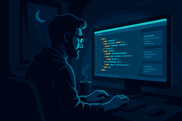 Poster - Late night programming session with a coder focused on screen illuminated by code