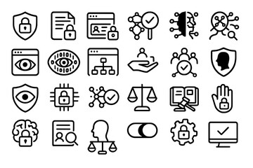 Poster - Collection of icons representing cybersecurity concepts and privacy measures in digital technology environments