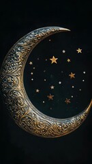 Wall Mural - A gold and silver moon with stars surrounding it. The moon is the main focus of the , and the stars are scattered around it, creating a sense of depth and wonder. Scene is one of magic