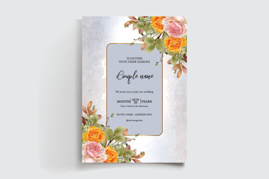 WEDDING INVITATION FRAME WITH FLOWER DECORATIONS AND FRESH LEAVES