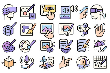 Poster - Digital art tools and concepts illustrated with colorful icons representing creativity and technology in modern design