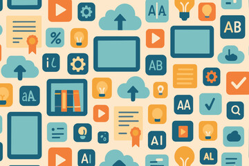 Poster - Colorful digital icons representing various online activities and concepts arranged in a playful pattern