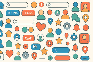 Poster - Colorful assortment of digital icons and user interface elements in a unique design layout