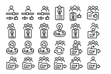 Poster - Icons illustrating feedback, collaboration, and global communication in a modern workspace environment