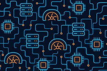 Poster - Neon circuit board design featuring chips and data connections against a dark background