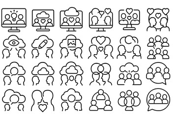 Poster - Collection of line art icons representing social connection and communication in digital spaces
