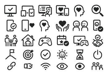 Poster - Icons representing digital communication, relationship building, and personal well-being featured on a plain backdrop
