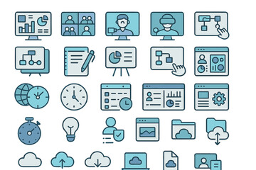 Poster - Collection of digital icons representing various business data and technology concepts during a training session